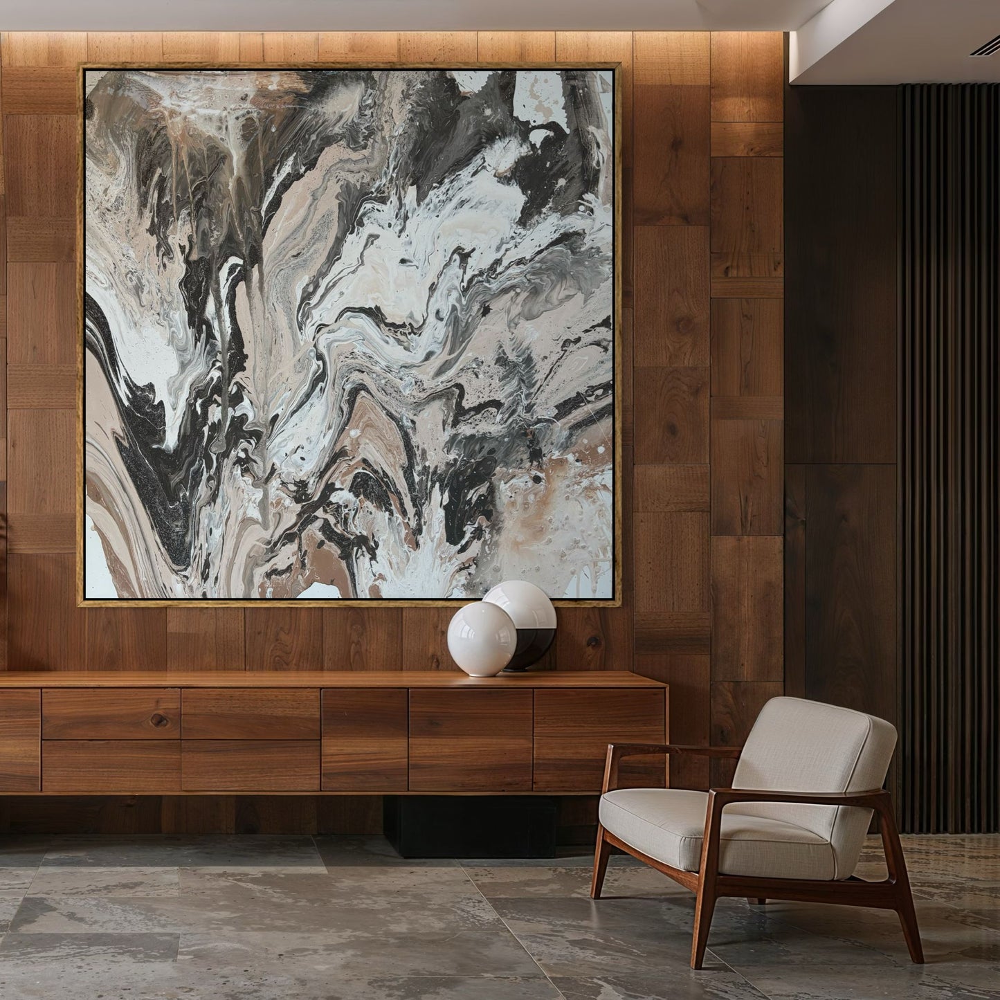 Abstraktes Gemälde auf Leinwand in Tönen von Beige, Grau, Schwarz und gebrochenem Weiß – MARBLE ESSENCE 4
