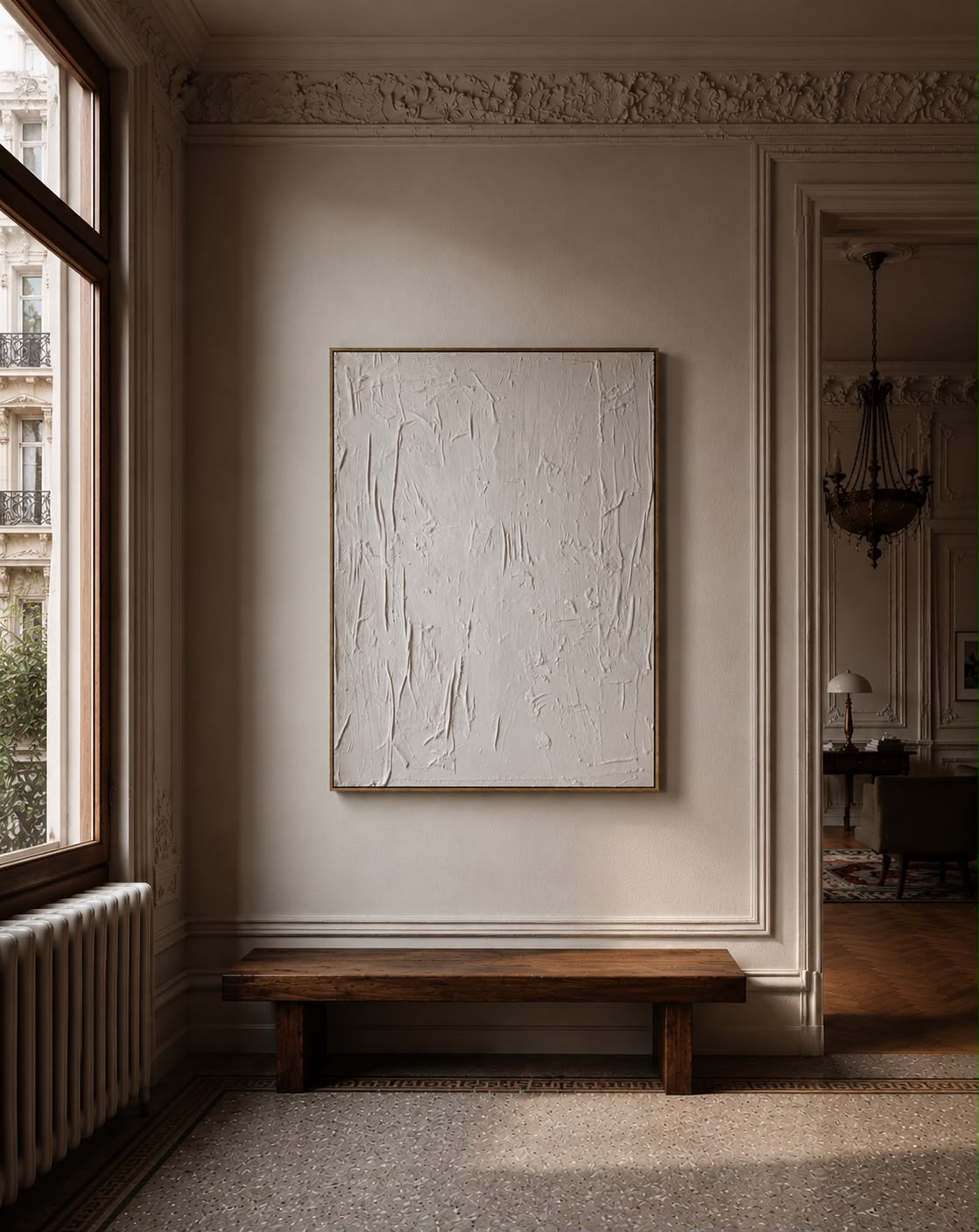 Abstraktes Gemälde auf Leinwand, gemalt in Weißtönen