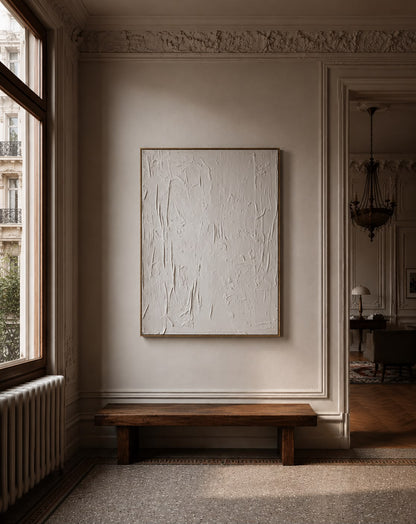 Abstraktes Gemälde auf Leinwand, gemalt in Weißtönen