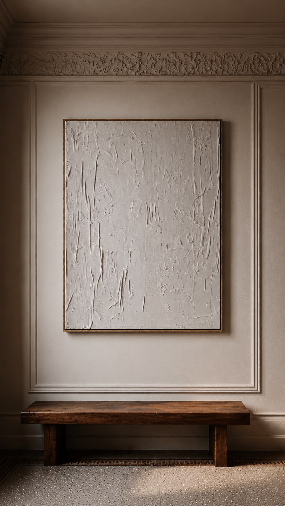 Abstraktes Gemälde auf Leinwand, gemalt in Weißtönen