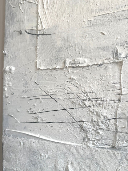 Abstraktes Gemälde auf Leinwand, gemalt in Weißtönen