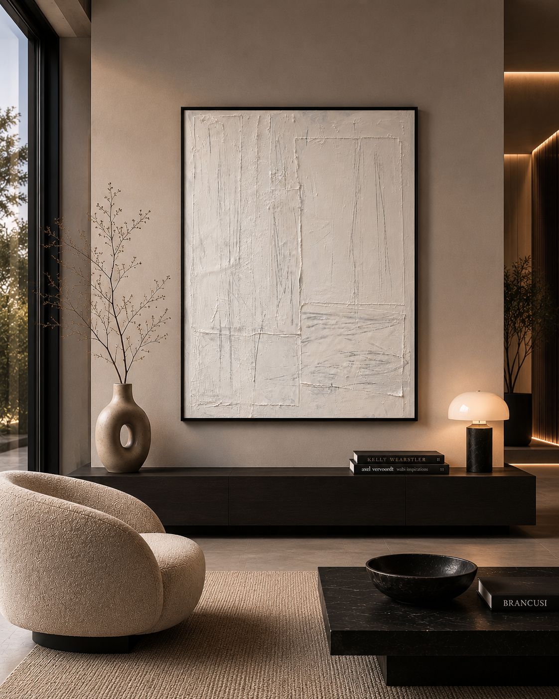 Abstraktes Gemälde auf Leinwand, gemalt in Weißtönen
