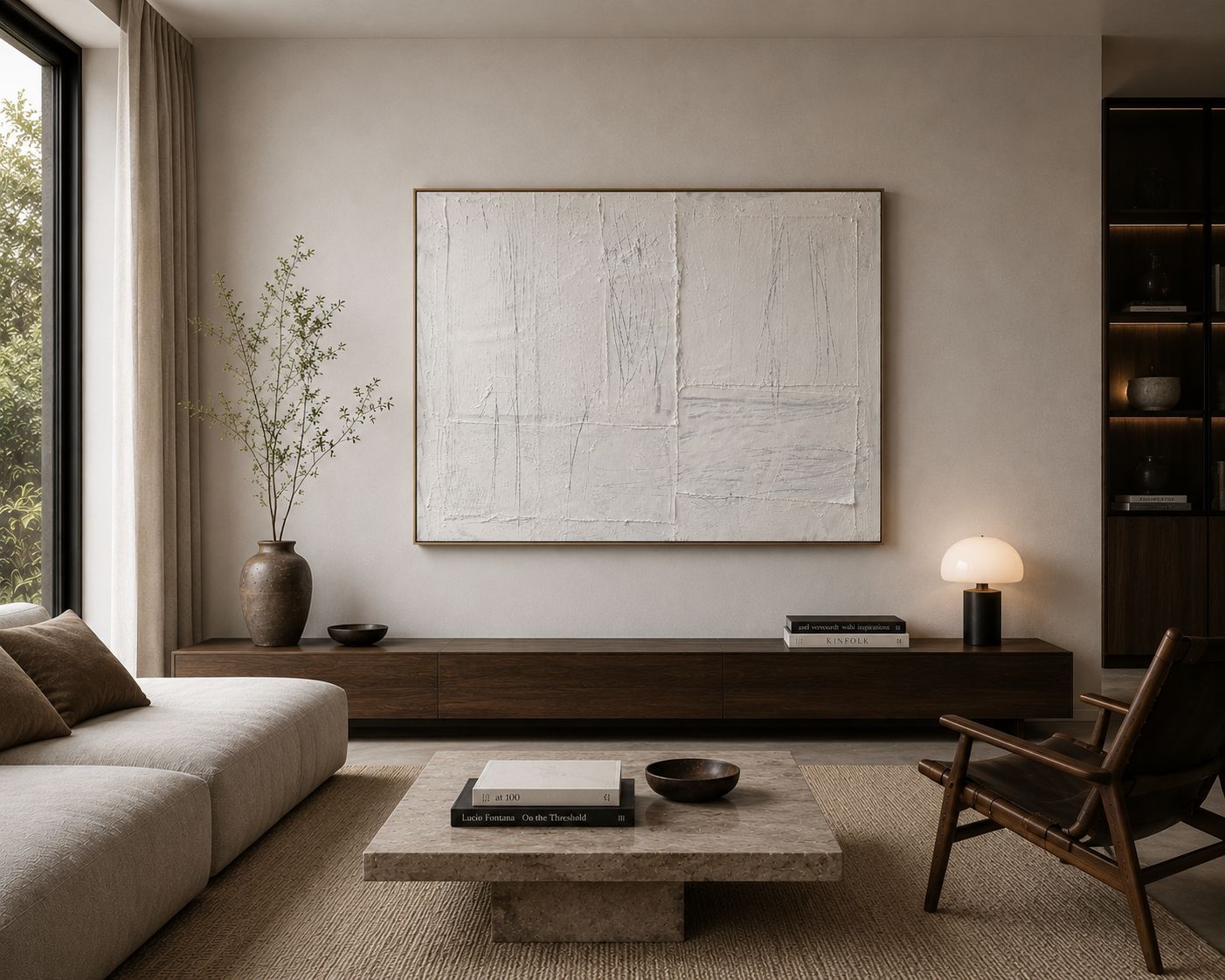 Abstraktes Gemälde auf Leinwand, gemalt in Weißtönen