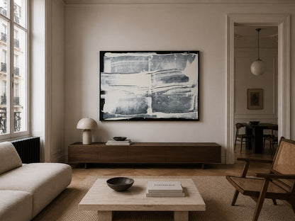 Abstract painting on canvas in shades of black and white