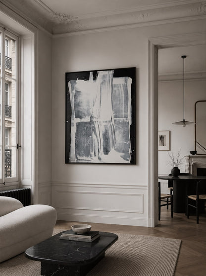 Abstract painting on canvas in shades of black and white