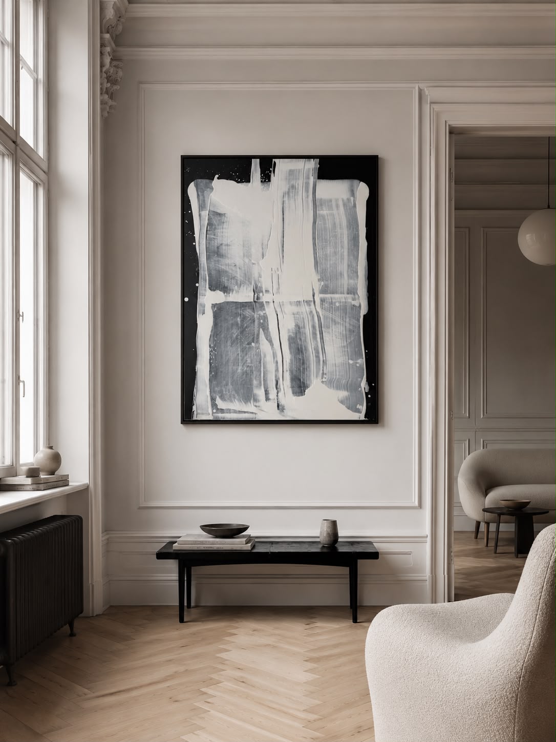 Abstract painting on canvas in shades of black and white