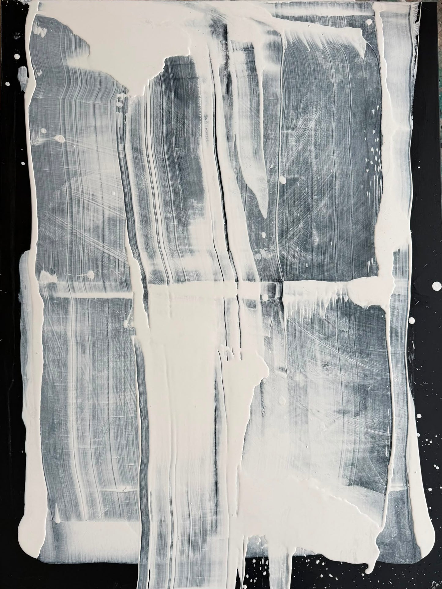 Abstract painting on canvas in shades of black and white