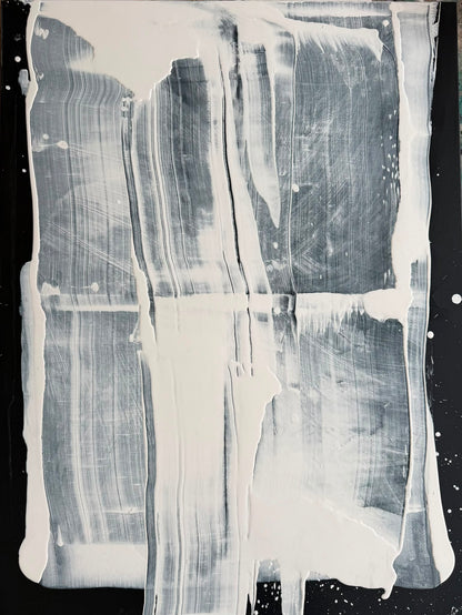 Abstract painting on canvas in shades of black and white