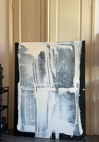 Abstract painting on canvas in shades of black and white