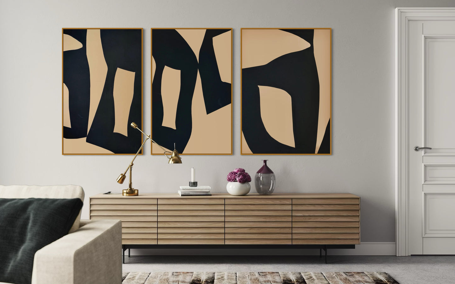 Set 3 – Abstrakte Leinwanddrucke in Schwarz- und Karamelltönen (3-teilig)