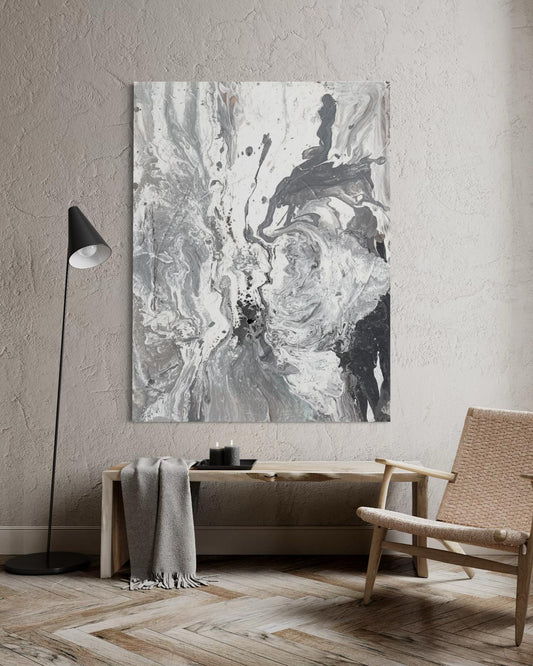 Abstract canvas print, hand-painted in shades of grey – MARBLE ESSENCE 1 (vertical)