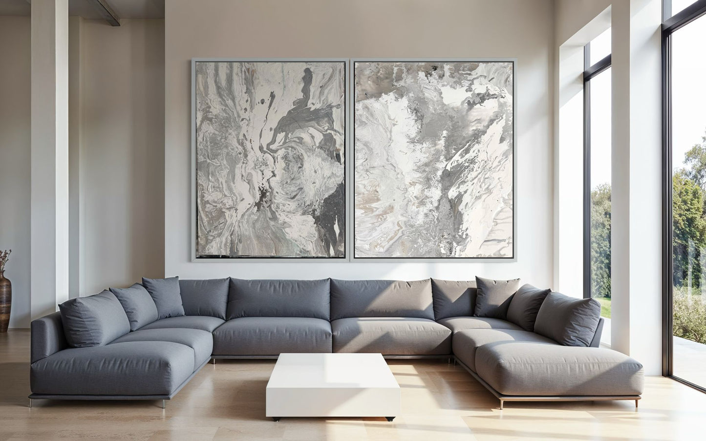 Abstract canvas print, hand-painted in shades of grey – RAW BALANCE (vertical)