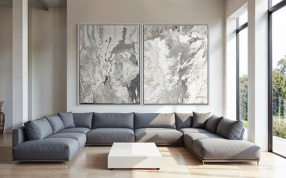 Abstract canvas print, hand-painted in shades of grey – RAW BALANCE (vertical)