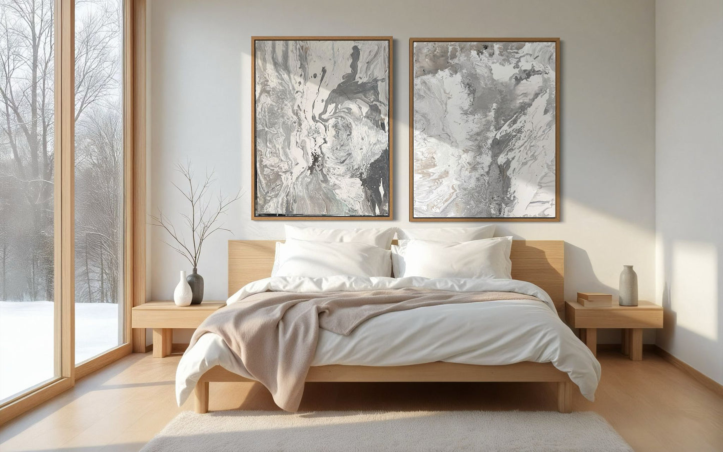 Abstract canvas print, hand-painted in shades of grey – RAW BALANCE (vertical)