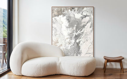 Abstract canvas print, hand-painted in shades of grey – RAW BALANCE (vertical)