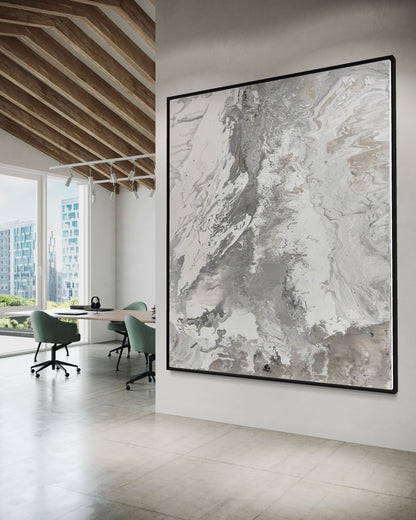 Abstract canvas print, hand-painted in shades of grey – RAW BALANCE (vertical)