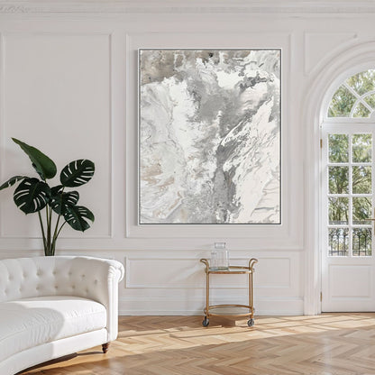 Abstract canvas print, hand-painted in shades of grey – RAW BALANCE (vertical)