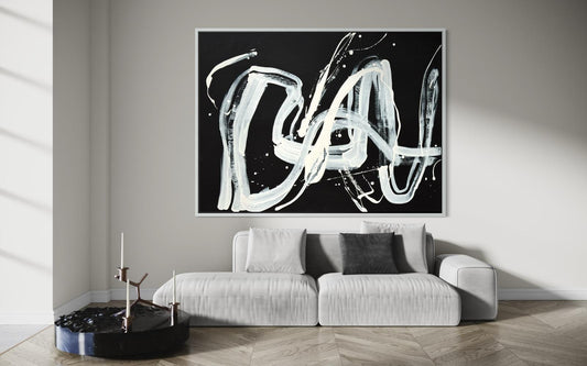 Abstract canvas print, hand-painted in black and white – RAW MOTION (horizontal)
