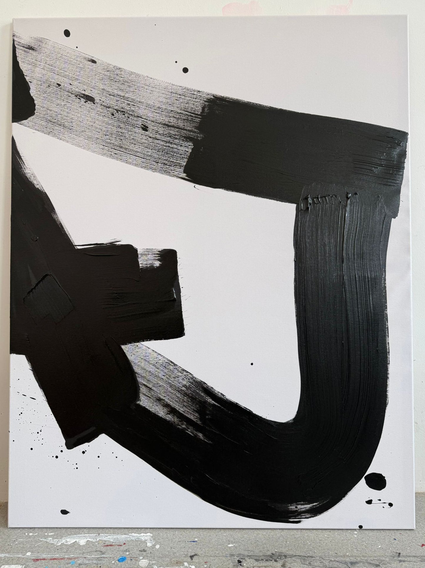 Abstraktes Leinwandbild, handbemalt – TRACE – Schwarz – Weiß (horizontal)