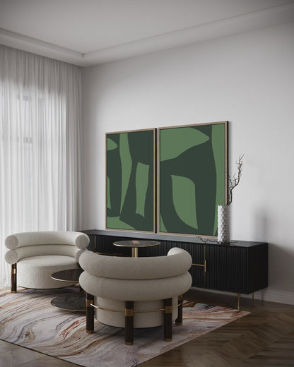 Zestaw 2 – Obrazy abstrakcyjne na płótnie w kolorze zielonym - GREEN BALANCE, TENTION, DIALOGUE