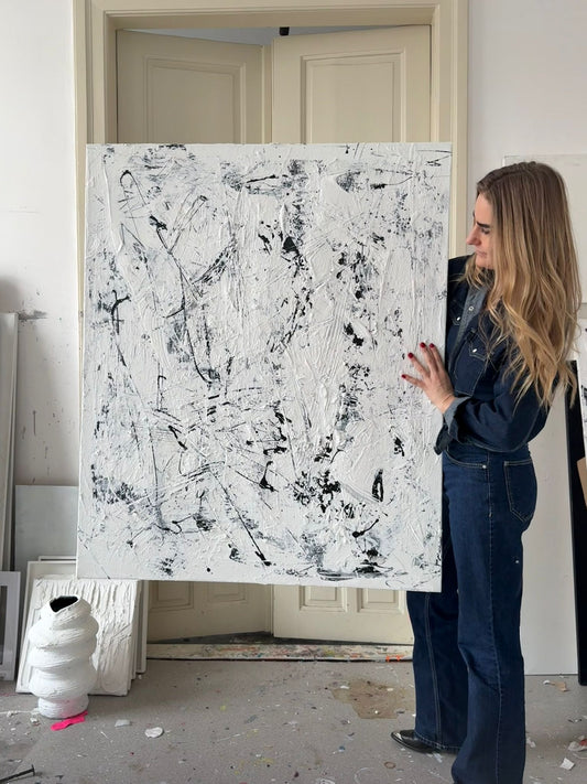 Abstraktes Gemälde auf Leinwand in Schwarz-Weiß