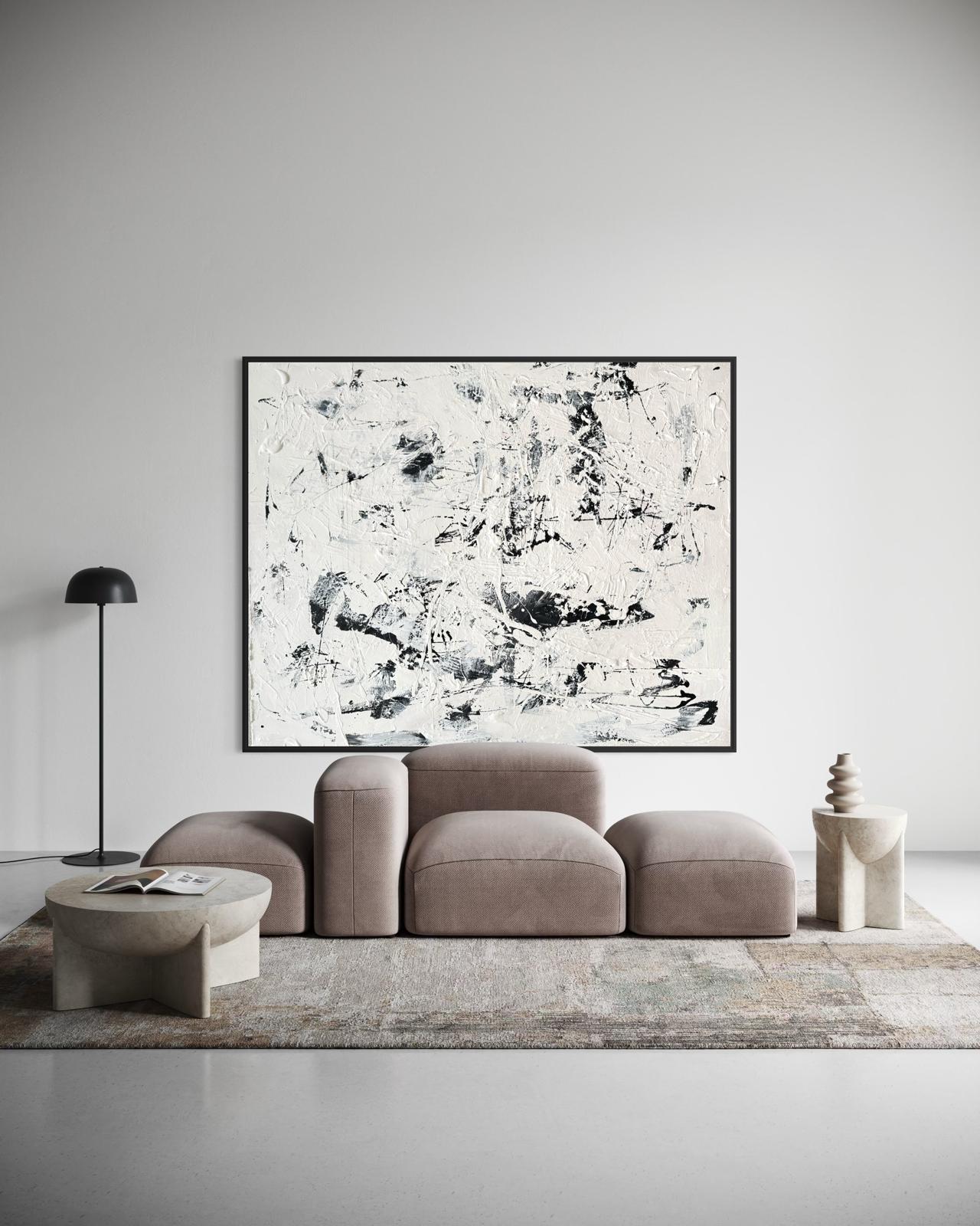 Canvas print, abstract in black and white – RAW BALANCE (horizontal)