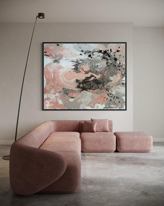 Abstract painting on canvas, hand-finished with paint in shades of salmon pink, beige, and light greys – MARBLE ESSENCE 3