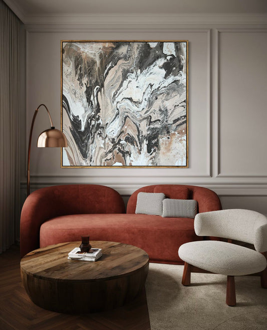 Abstract painting on canvas, hand-finished with paint in shades of beige, grey, black, and off-white – MARBLE ESSENCE 4