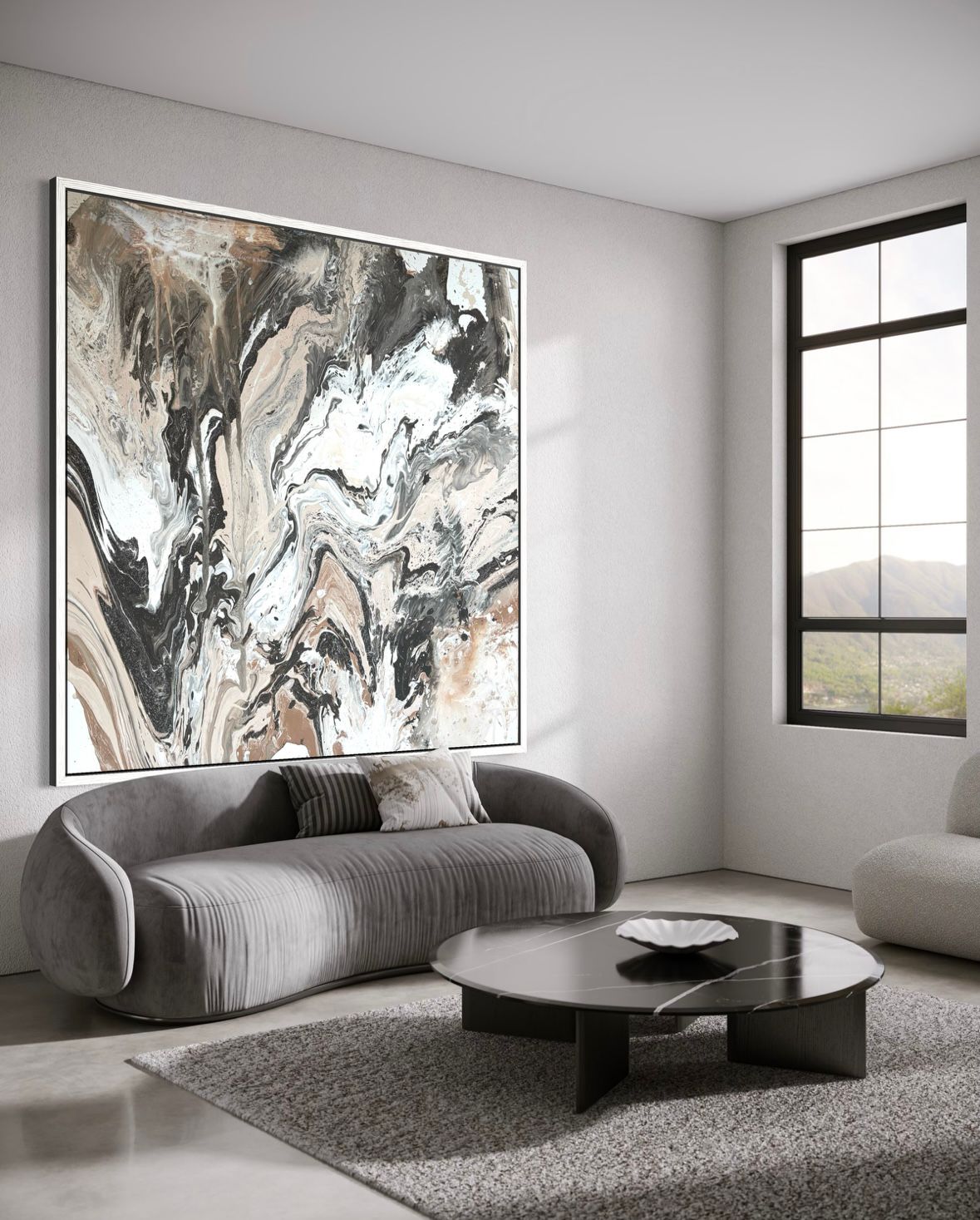 Abstraktes Gemälde auf Leinwand in Tönen von Beige, Grau, Schwarz und gebrochenem Weiß – MARBLE ESSENCE 4