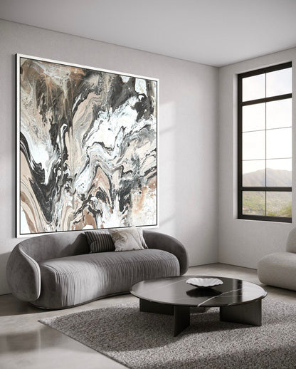 Abstraktes Gemälde auf Leinwand in Tönen von Beige, Grau, Schwarz und gebrochenem Weiß – MARBLE ESSENCE 4