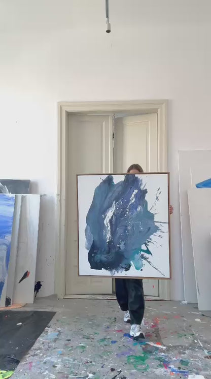 Abstraktes Gemälde auf Leinwand in Blautönen, gerahmt