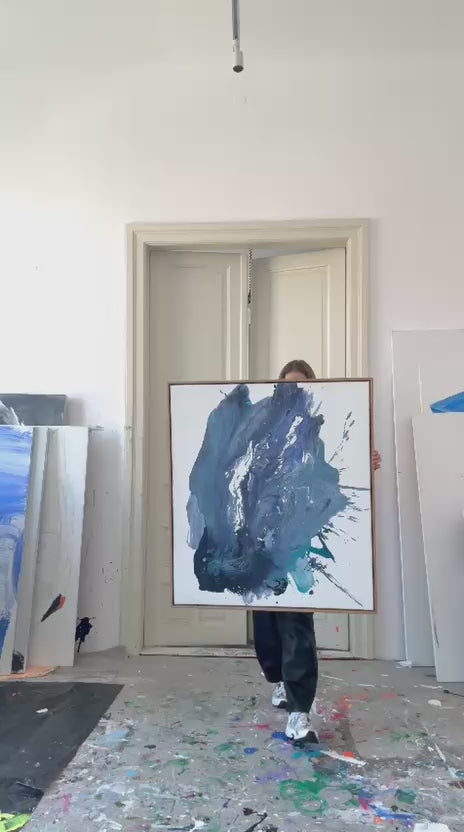 Abstraktes Gemälde auf Leinwand in Blautönen, gerahmt