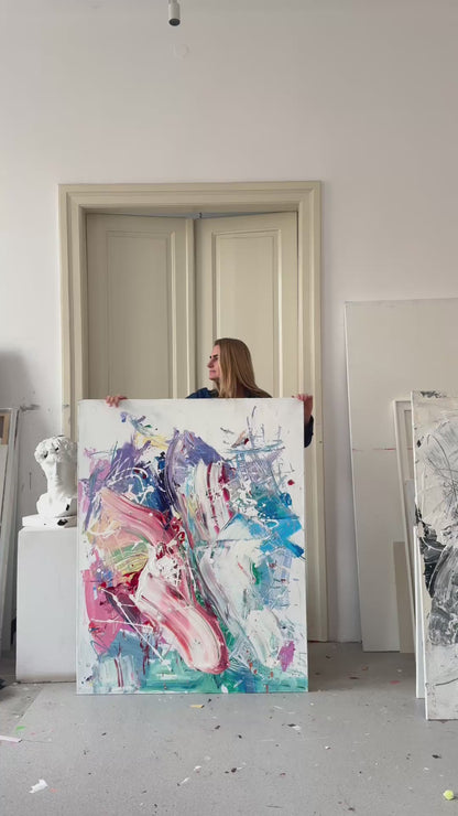 Abstract canvas painting in multicolor – EXPLOSIVE CALM (vertical)