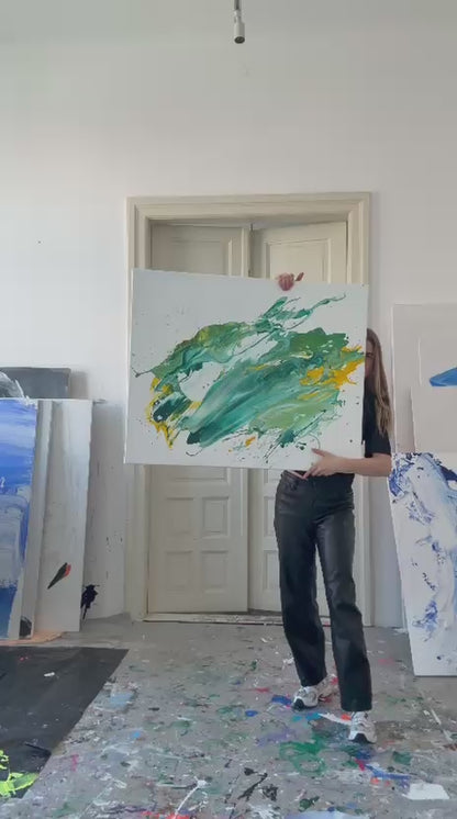 Abstraktes Gemälde auf Leinwand in Grüntönen