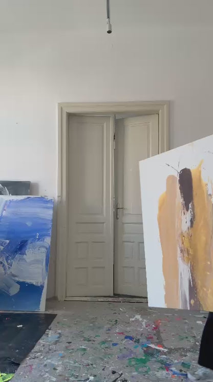 Abstraktes Gemälde auf Leinwand in Beige-, Gold- und Dunkelbrauntönen